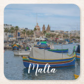 マルタ伝統的のカラフル魚釣り船 スクエアペーパーコースター (正面)