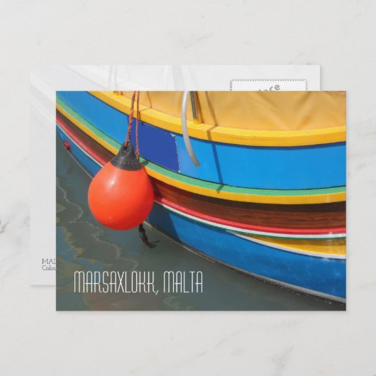 マルタ伝統的ブルーイエローストライプの魚釣りボート ポストカード (正面/裏面)
