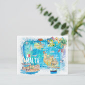 マルタ図解入りの、写真付きの島道路地図 ポストカード (スタンド正面)