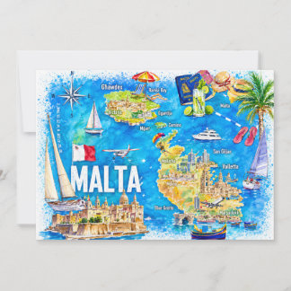 マルタ島のイラスト入り旅行地図ポストカード 招待状