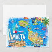 マルタ島のイラスト入り旅行地図ポストカード 招待状 (正面/裏面)