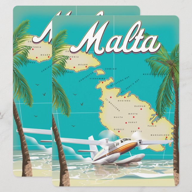 マルタ島のビーチと地図の旅行ポスター (正面/裏面)
