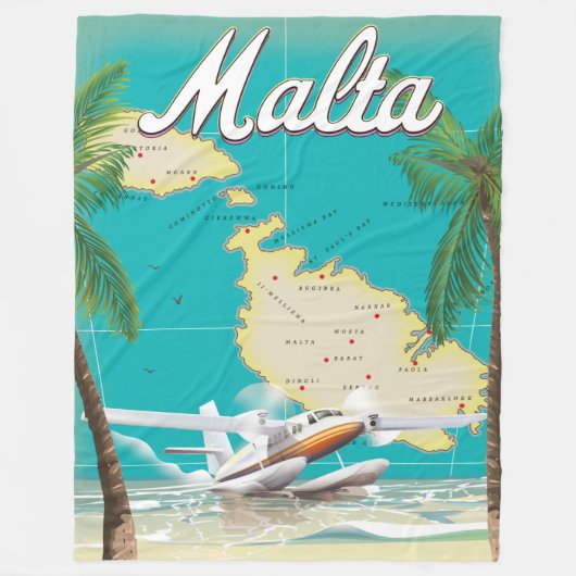 マルタ島のビーチと地図の旅行ポスター フリースブランケット (正面)