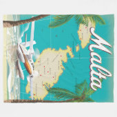 マルタ島のビーチと地図の旅行ポスター フリースブランケット (正面(横))
