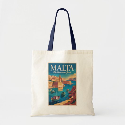 マルタ海岸イラスト旅行アートヴィンテージ トートバッグ (正面)