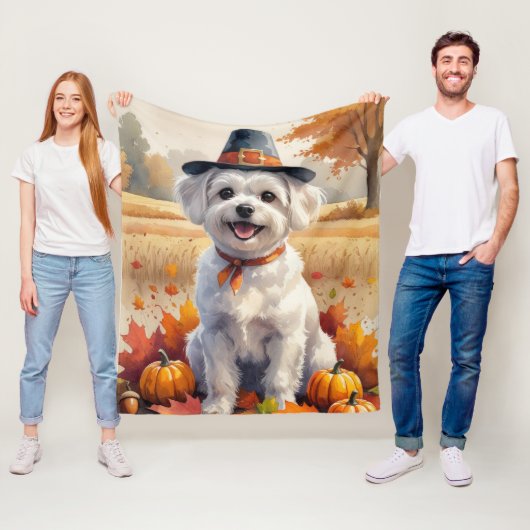 マルタ犬と紅葉の感謝祭アート フリースブランケット (インサイチュ)