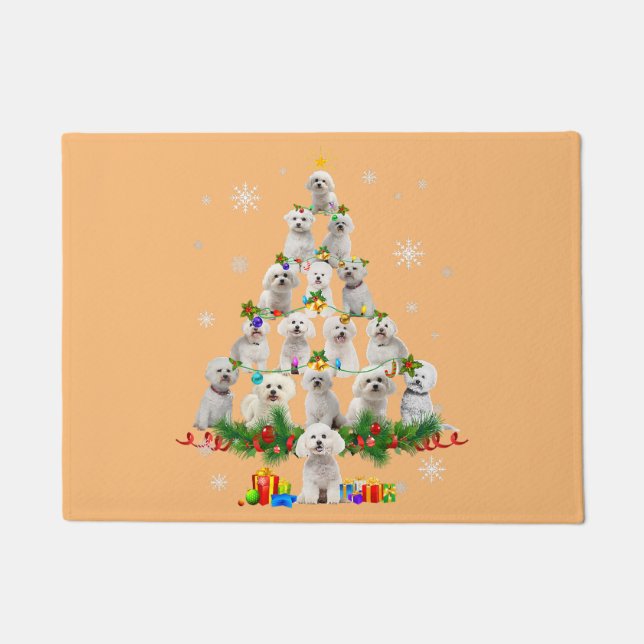 マルタ犬のクリスマスツリーが点灯サンタクリスマス犬 ドアマット (正面)