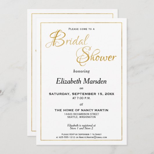 マルチウォーターズ聖なる書物、 経典エレガント金ゴールドブライダルシャワー 招待状 (正面/裏面)