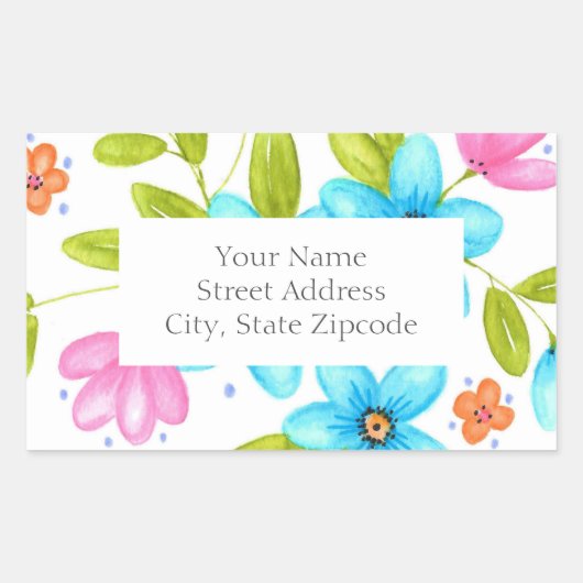 マルチカラフルな水彩花束ラベル 長方形シール (正面)