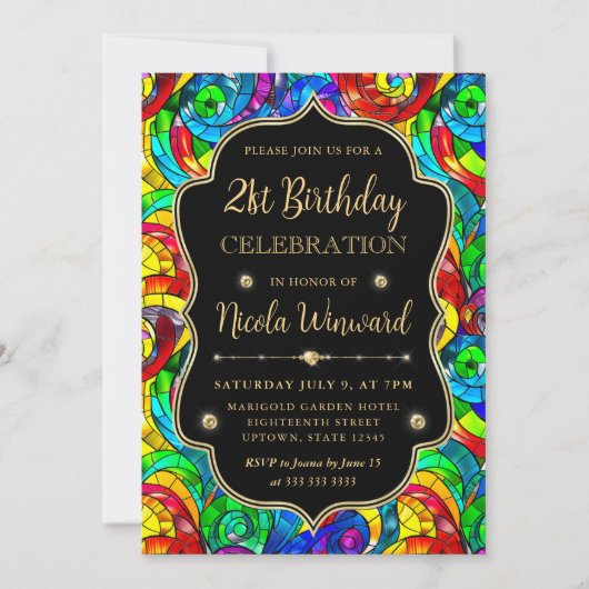 マルチカラーとゴールドのステンドグラス 21歳の誕生日 招待状 (正面)