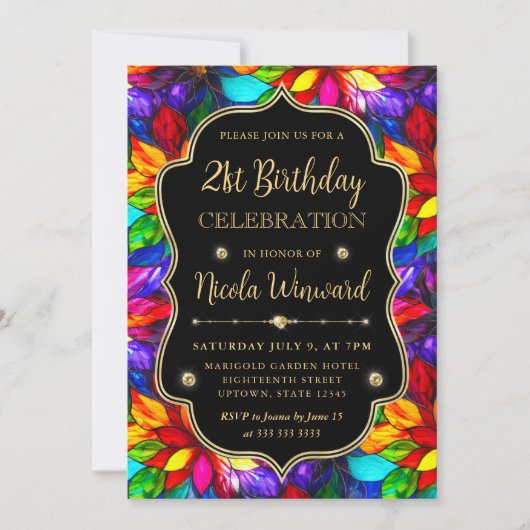 マルチカラーとゴールドのステンドグラス 21歳の誕生日 招待状 (正面)
