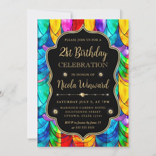 マルチカラーとゴールドのステンドグラス 21歳の誕生日 招待状 (正面)