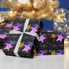 マルチカラーの輝く星 - メリークリスマス! ラッピングペーパー