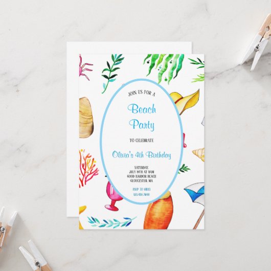 マルチカラービーチバースデーパーティー招待状 招待状 (正面/裏面インサイチュ)