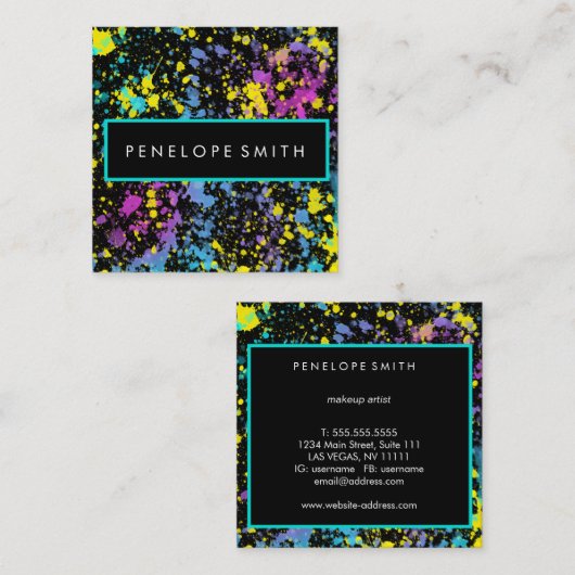 マルチカラー絵を描(ばちゃばちゃ)跳ねるメイクアップアーティスト  スクエア名刺 (正面/裏面)