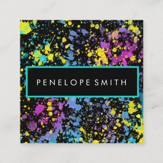 マルチカラー絵を描(ばちゃばちゃ)跳ねるメイクアップアーティスト  スクエア名刺 (正面)