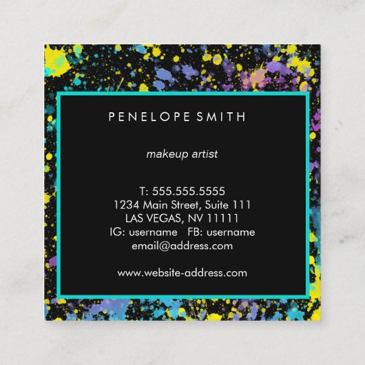 マルチカラー絵を描(ばちゃばちゃ)跳ねるメイクアップアーティスト  スクエア名刺 (裏面)