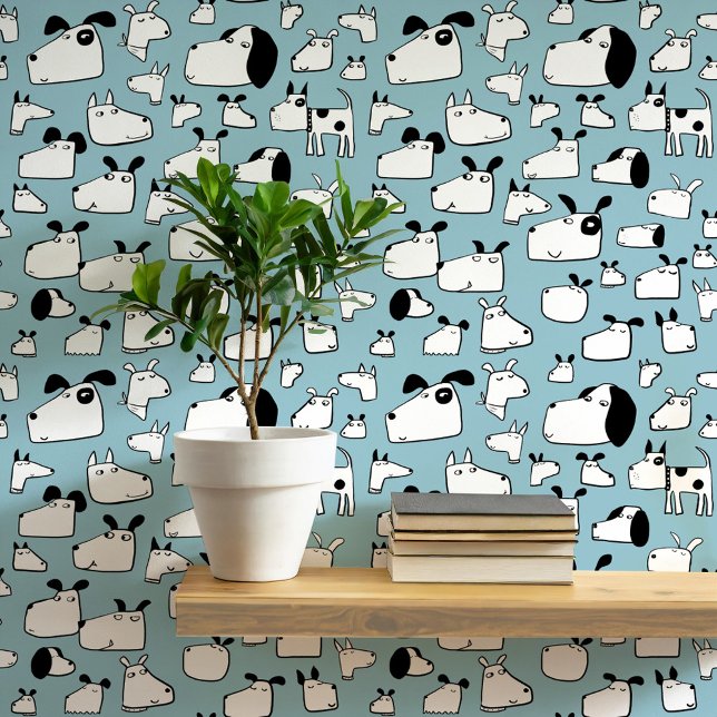 マルチドッグズドードルスケッチティール（緑がかった色）ブルー 壁紙 (Fun cartoon doodle dog teal blue green wallpaper for animal lovers)