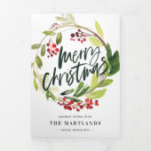 マルチフォト水彩花と葉のクリスマス 三つ折りクリスマスカード (カバー)