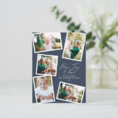 マルチフォト モダン エレガント スクリプト ネイビーブルー パーティー シーズンポストカード (スタンド正面)