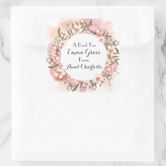 マルチフローラルピンク牡丹リースギフト蔵書票 スクエアシール (バッグ)