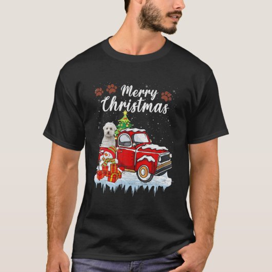 マルチーズおもしろいドッグ雪レッドトラッククリスマスクリスマスTr Tシャツ (正面)