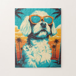 マルチーズでサングラスを持つビーチ ジグソーパズル