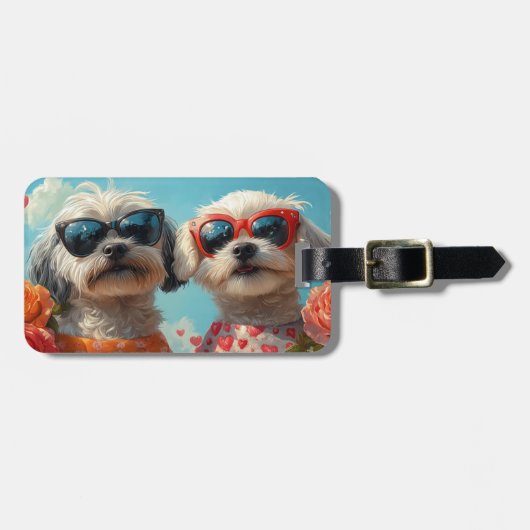 マルチーズとハートバラバレンタインデー ラゲッジタグ (正面横)