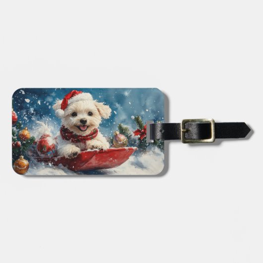 マルチーズのそり犬 雪を降らせて クリスマス ラゲッジタグ (正面横)