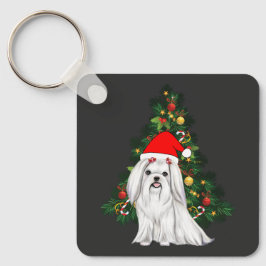 マルチーズのクリスマス、サンタ帽をかぶったマルチーズの犬 キーホルダー