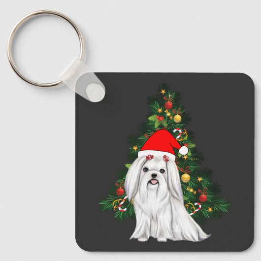 マルチーズのクリスマス、サンタ帽をかぶったマルチーズの犬 キーホルダー (正面)