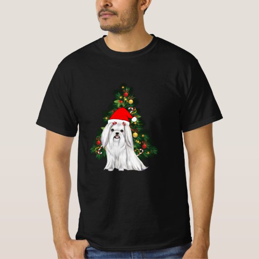 マルチーズのクリスマス、サンタ帽をかぶったマルチーズの犬 Tシャツ (正面)