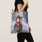 マルチーズのバイククリスマス トートバッグ (クローズアップ)