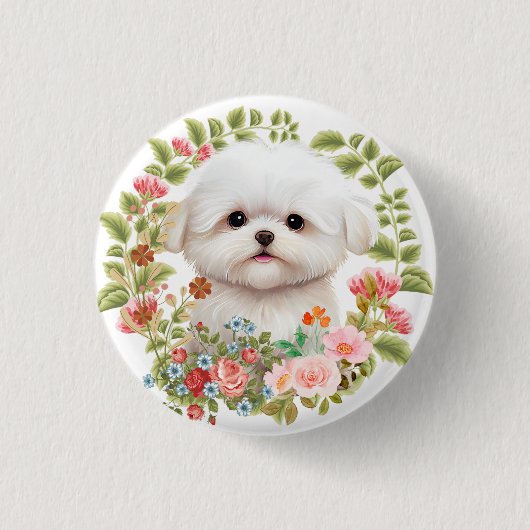 マルチーズの子犬が花の中で、マルチーズ愛が止まらない 缶バッジ (正面)
