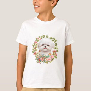 マルチーズの子犬が花の中で、マルチーズ愛が止まらない Tシャツ