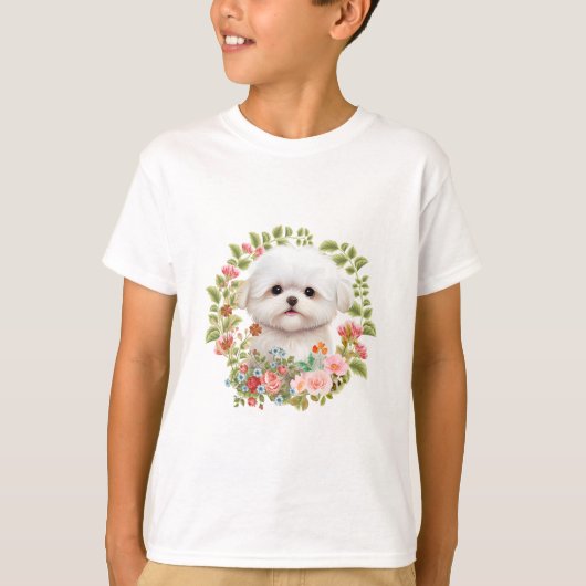 マルチーズの子犬が花の中で、マルチーズ愛が止まらない Tシャツ (正面)