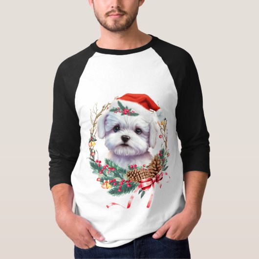 マルチーズの子犬のクリスマス、Xmas マルチーズ犬 Tシャツ (正面)
