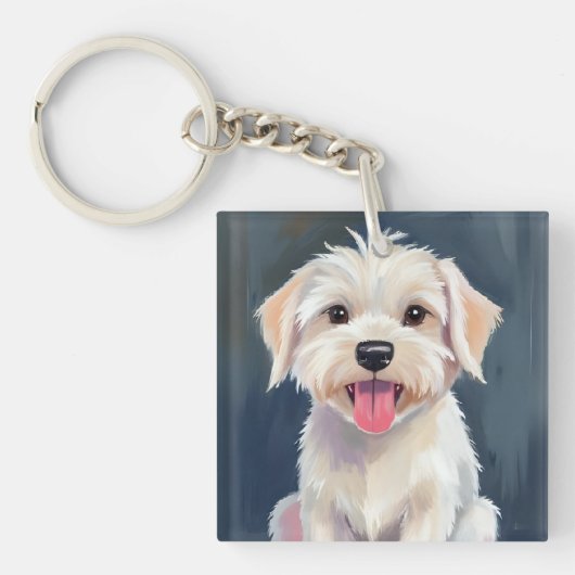 マルチーズの子犬 | 白い犬のアート キーホルダー (正面)