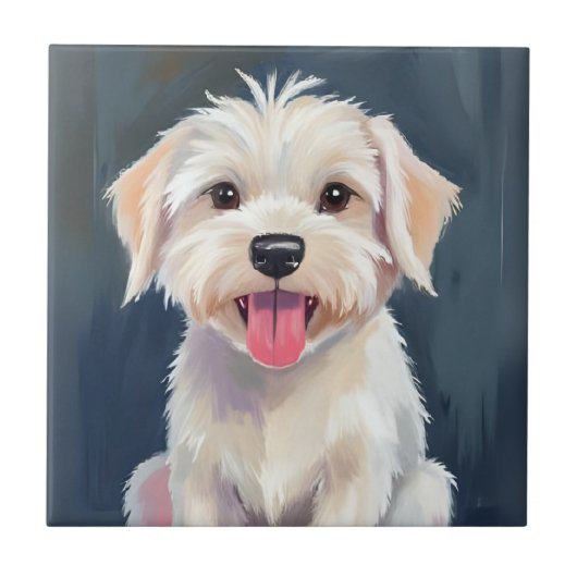 マルチーズの子犬 | 白い犬の絵 タイル (正面)
