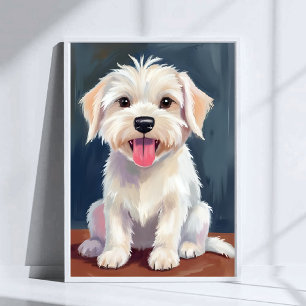 マルチーズの子犬 白い犬の絵 ポスター