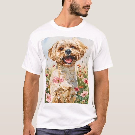 マルチーズの水彩画 メンズTシャツ Tシャツ (正面)