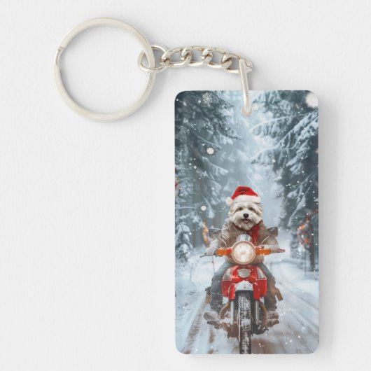 マルチーズの犬がバイクに乗るクリスマス キーホルダー (正面)