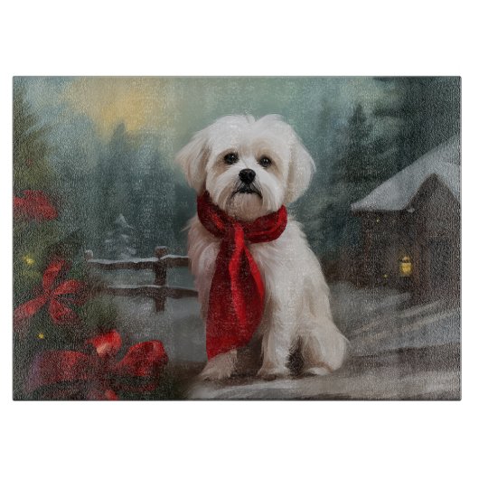 マルチーズの犬が雪のクリスマス カッティングボード (正面)