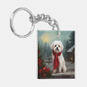 マルチーズの犬が雪のクリスマス キーホルダー (正面左)