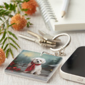 マルチーズの犬が雪のクリスマス キーホルダー (正面右)