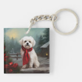 マルチーズの犬が雪のクリスマス キーホルダー (裏面)