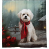 マルチーズの犬が雪のクリスマス シャワーカーテン (正面)