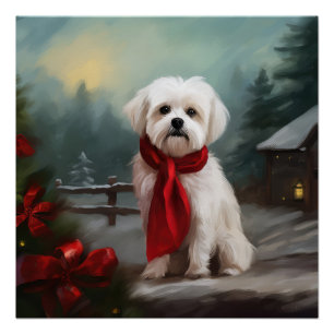 マルチーズの犬が雪のクリスマス ポスター
