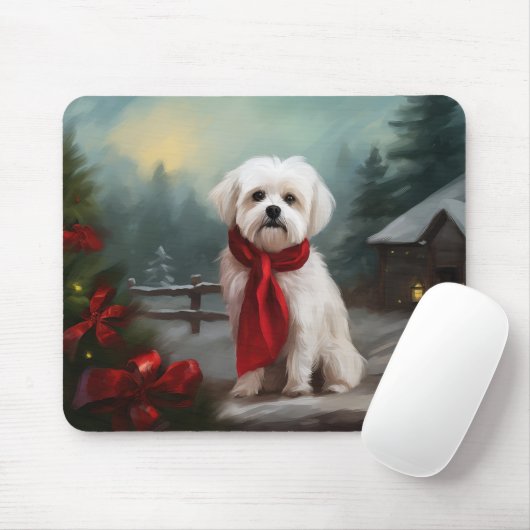 マルチーズの犬が雪のクリスマス マウスパッド (マウス)