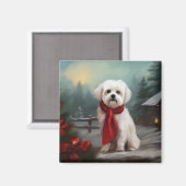 マルチーズの犬が雪のクリスマス マグネット (正面/裏面)